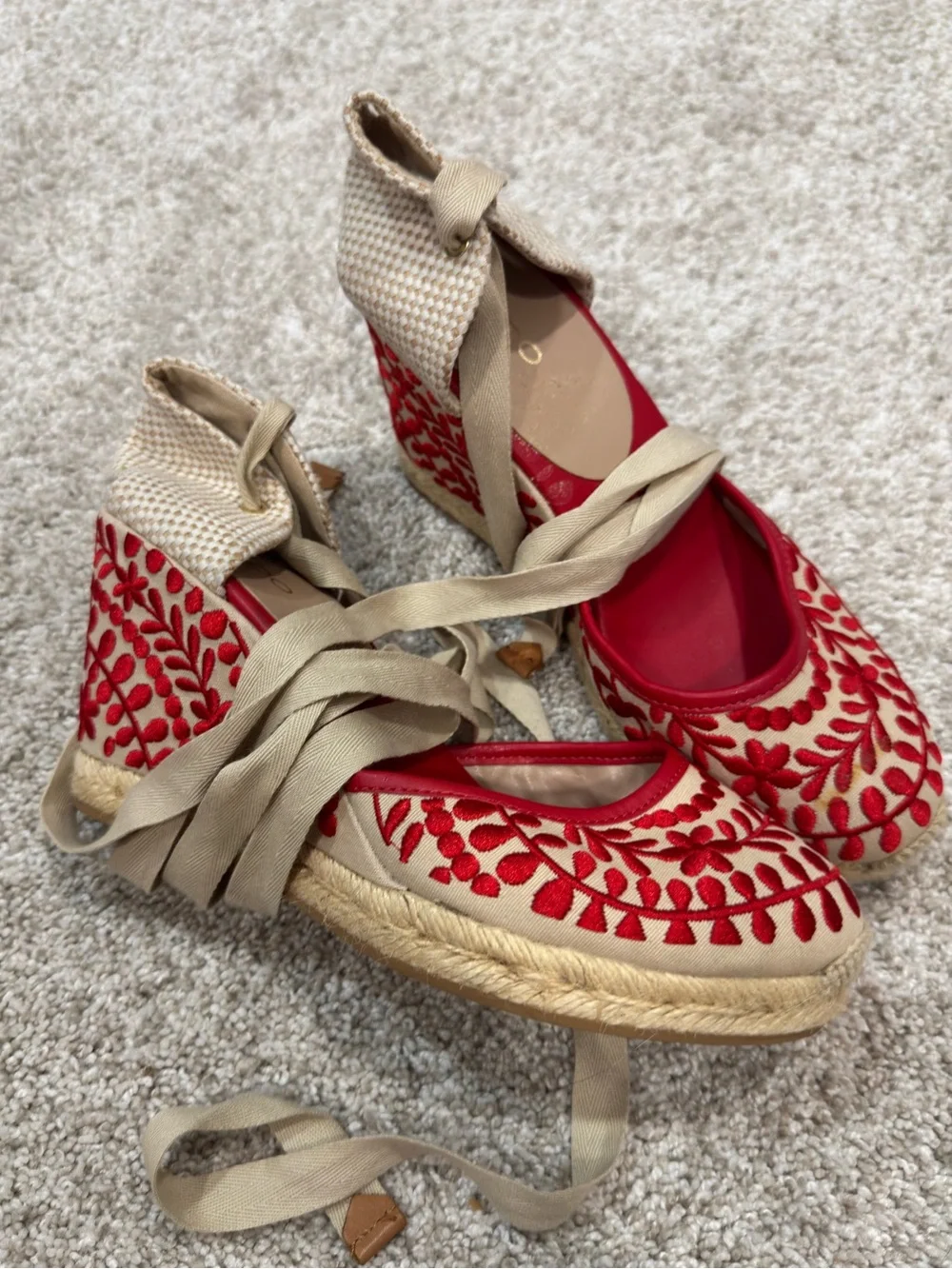 Aldo Beige Espadrille Wedge Sandals with Red Embroidery and Ankle Wrap